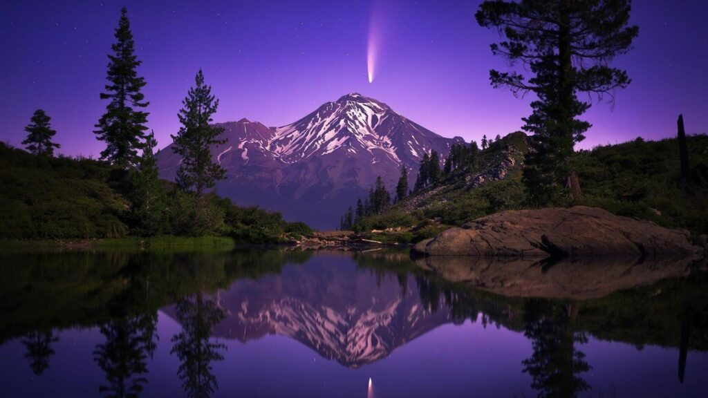 Mt. Shasta under a purple night sky
