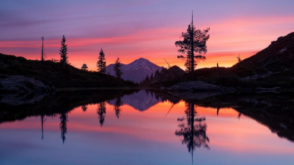 Sunset reflected in a lake near Mt. Shasta