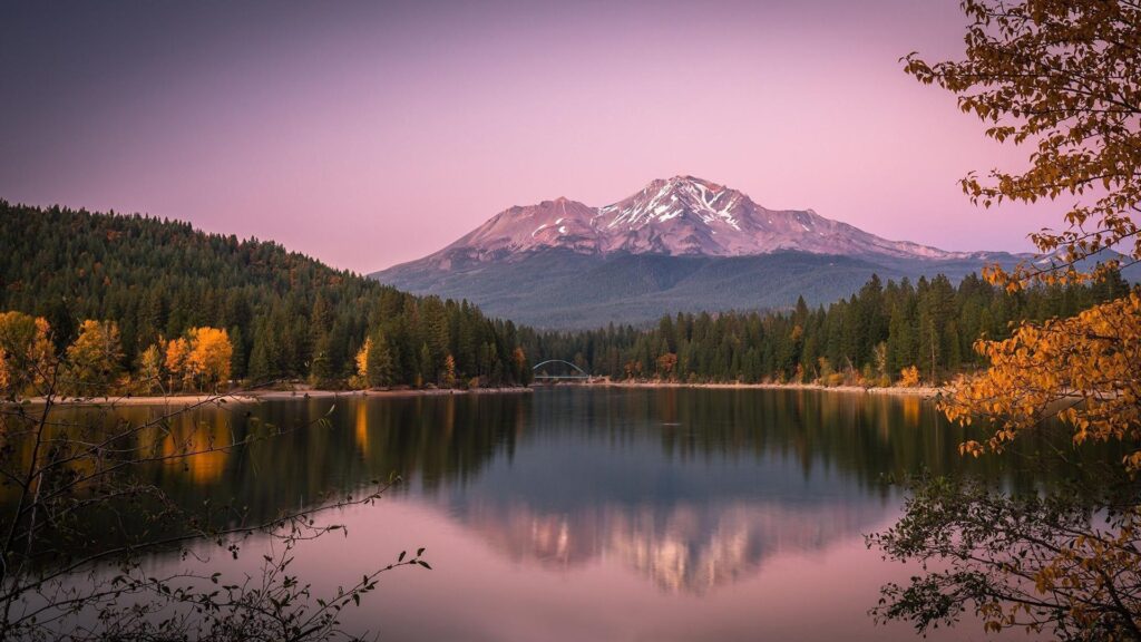 Mt. Shasta reflected in a lake at dusk